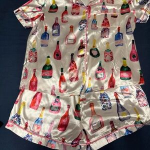 Colorful Champagne Bottle Print Satin Pajama Set